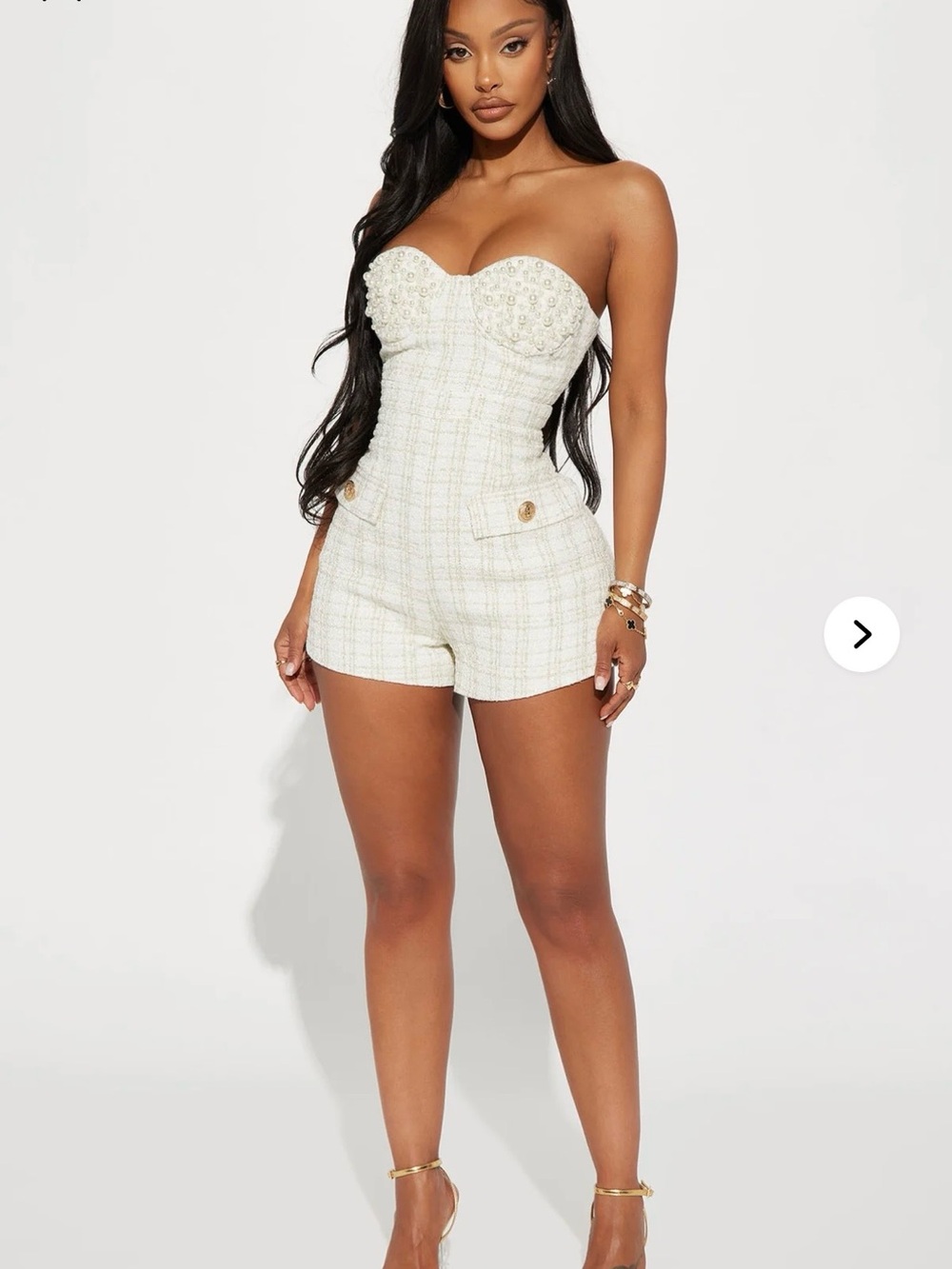 Fashion Nova White Strapless Tweed Corset Shorts Romper